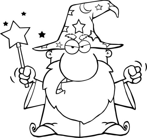 Angry Wizard Waving With Magic Wand Coloring Page